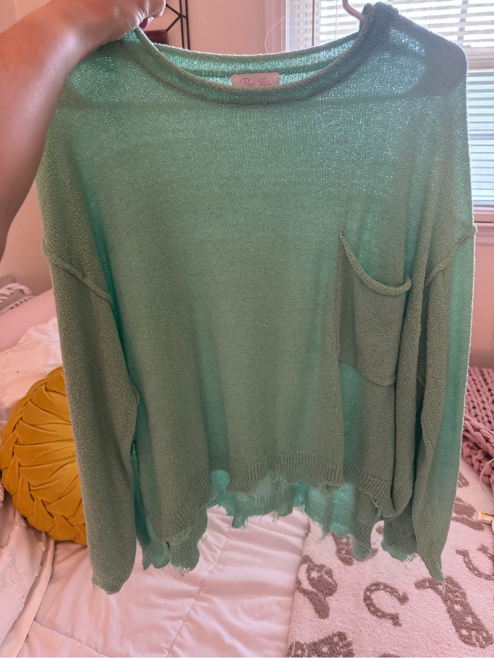 Pink Lily Mint Green Lightweight Crewneck Sweater with Pocket